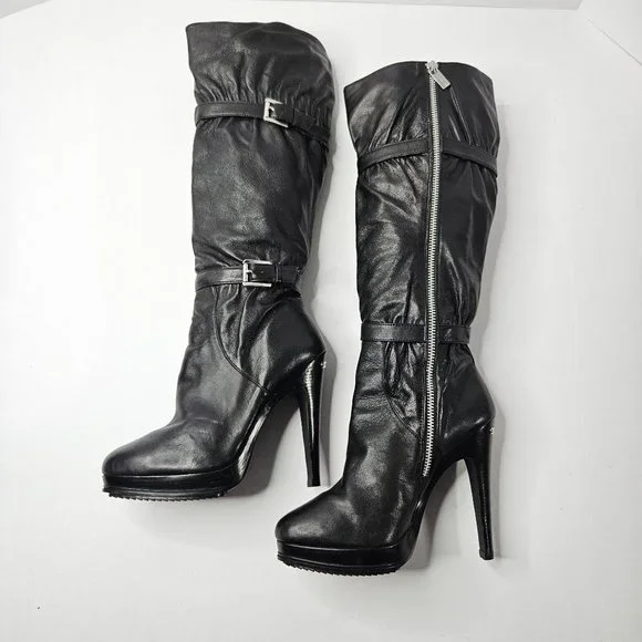 Michael Kors Stiletto High Heel Platform Boots Size 7.5 Black Leather Knee High - Picture 10 of 16